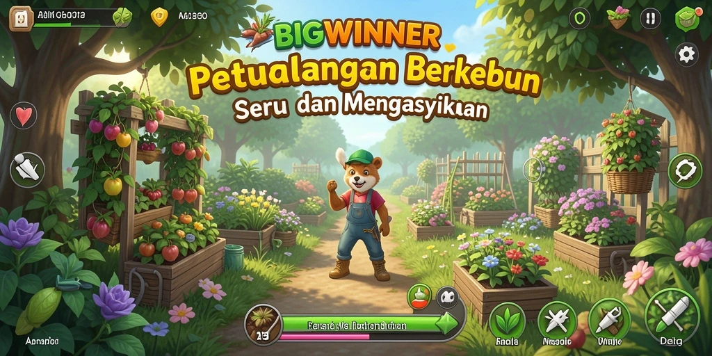 Screenshot gameplay BIGWINNER menampilkan kebun yang hijau dan tanaman yang subur.