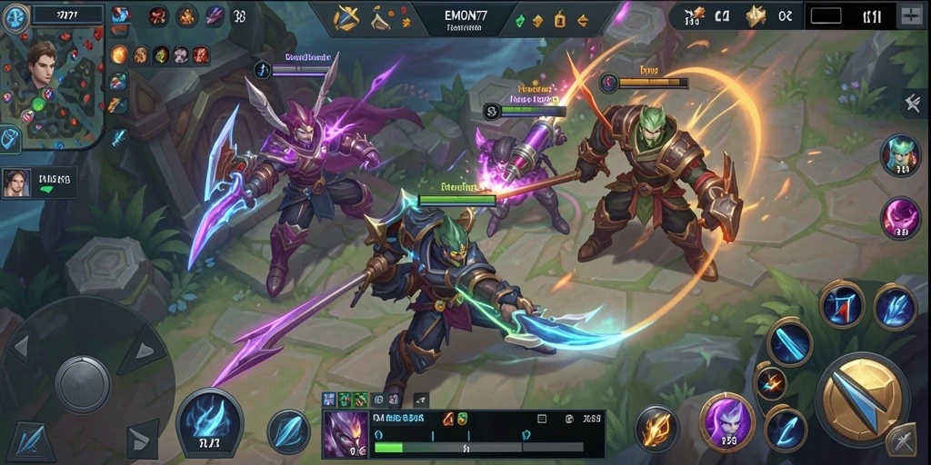 Screenshot gameplay EMON77 dengan pertarungan epik antar tim.