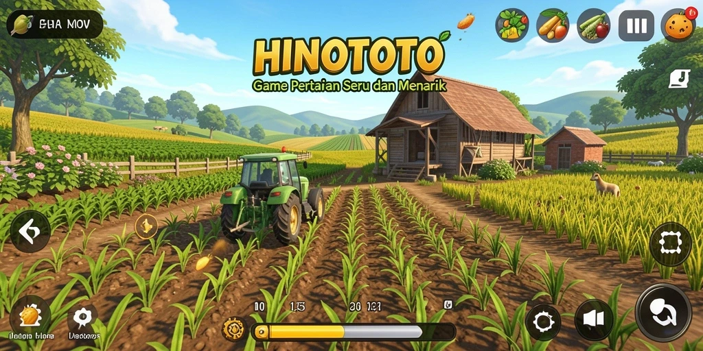Tampilan gameplay HINOTOTO menampilkan ladang yang hijau dan penuh warna.