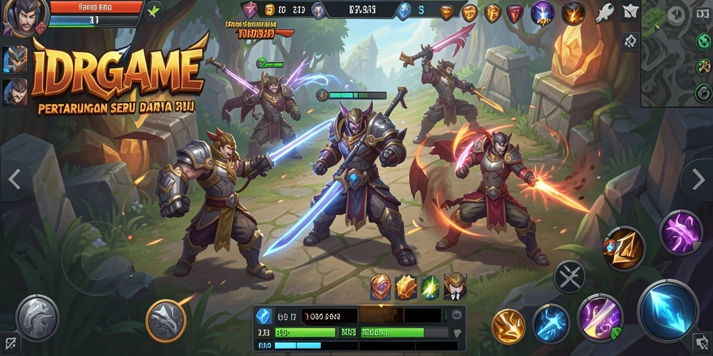 Screenshot utama IDRGAME menampilkan aksi gameplay MOBA yang seru.