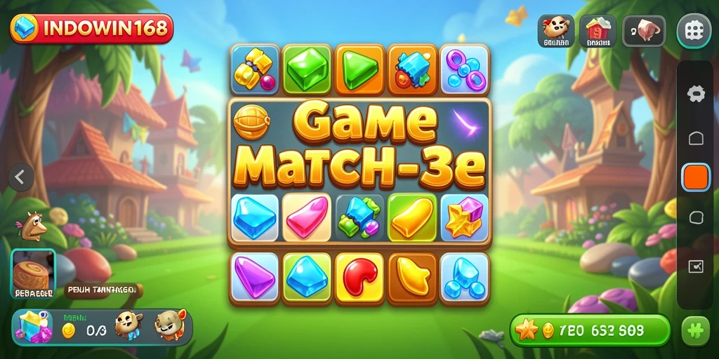Menampilkan gameplay seru di INDOWIN168 dengan elemen Match-3.
