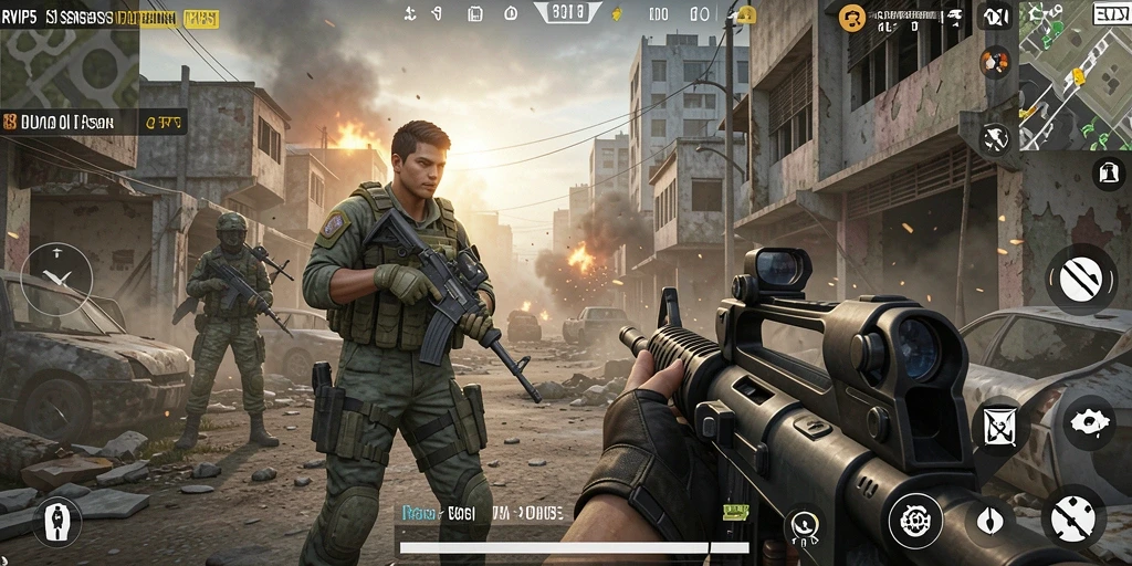 Tangkapan layar menampilkan aksi intens dalam gameplay FPS RVIP5.