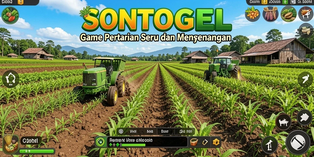 Tampilan gameplay <strong>SONTOGEL</strong> dengan pertanian yang indah dan tanaman yang beragam.